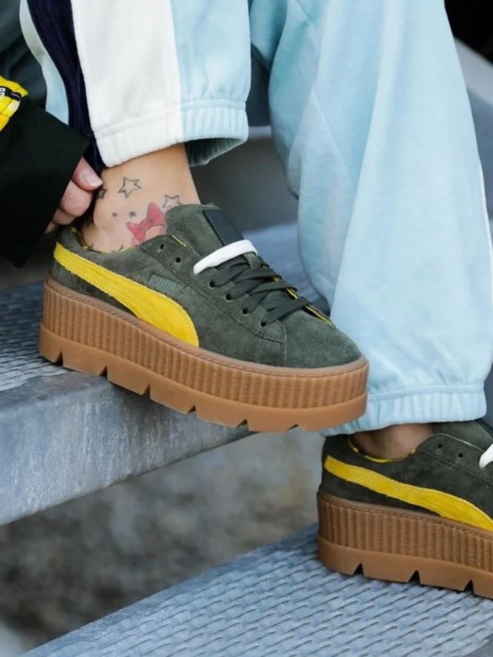 FENTY by Rihanna x Puma Olive Suede Platform Creeper Sneakers with Yellow Stripe